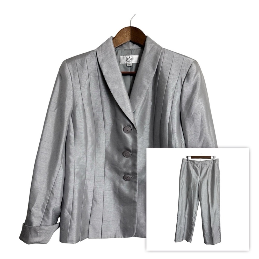 Le Suit pant suit blazer set women's 10P petite shiny silver pin‎ tuck wedding